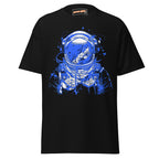 Front mockup of a black tee with a blue and white astronaut helmet graphic