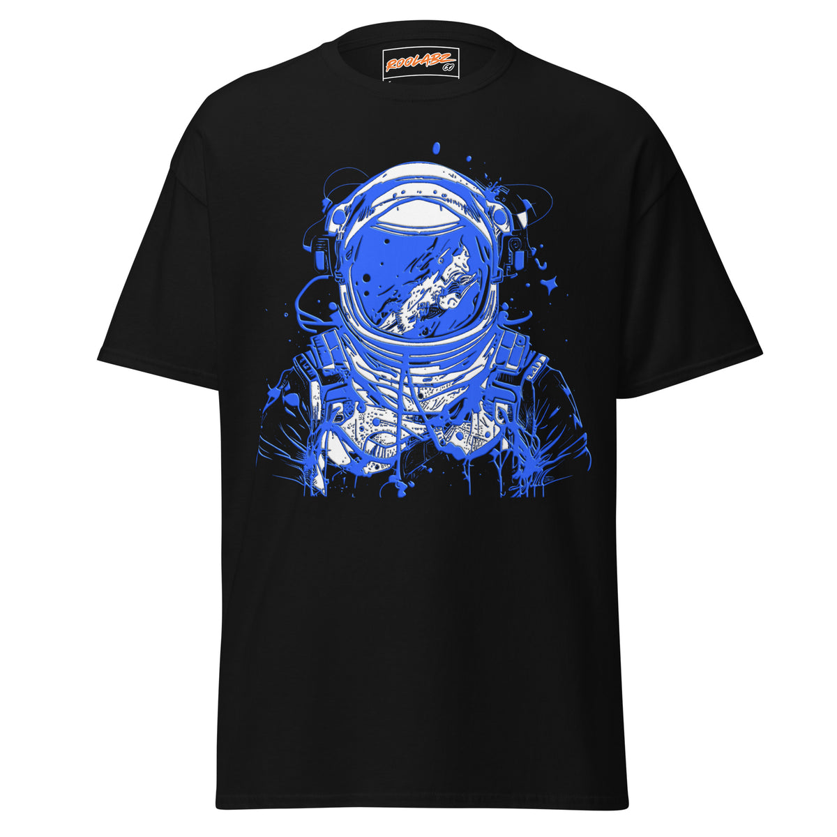 Front mockup of a black tee with a blue and white astronaut helmet graphic