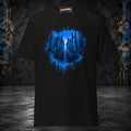 Front mockup of a black tee with an electric-blue skyline and highway framed by paint splashes and drips