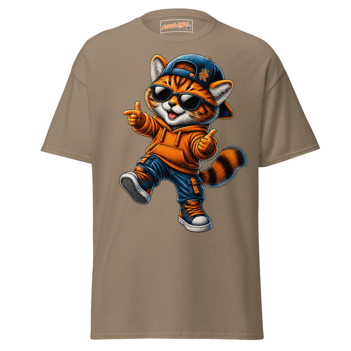 Front mockup of a brown savana tee with Boy Cat stepping forward in a backward cap, sunglasses and an orange hoodie