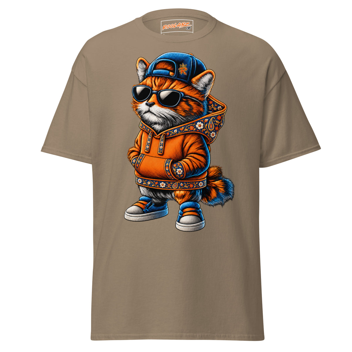 Front mockup of a brown savana tee with Dad Cat in a blue cap, sunglasses and an orange hoodie with patterned trim