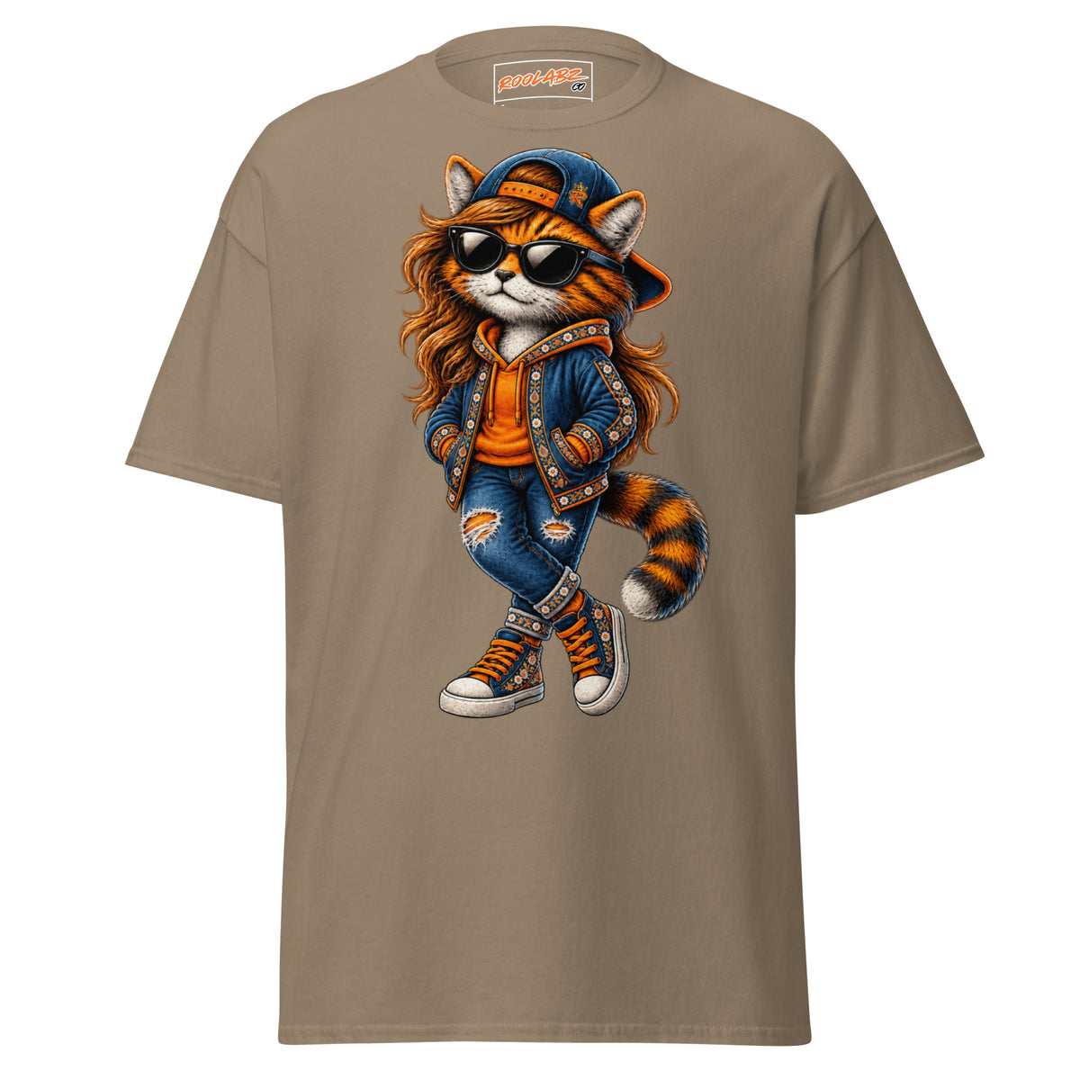 Front mockup of a brown savana tee with Lady Cat wearing a cap, sunglasses, a blue jacket and lace-up footwear