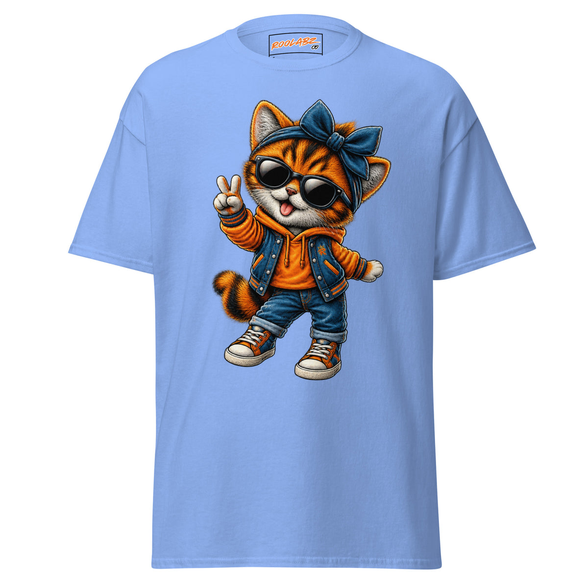 Front mockup of a carolina blue tee with Girl Cat wearing a blue bow and sunglasses and holding up a peace sign