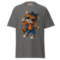 Front mockup of a charcoal tee with Girl Cat wearing a blue bow and sunglasses and holding up a peace sign