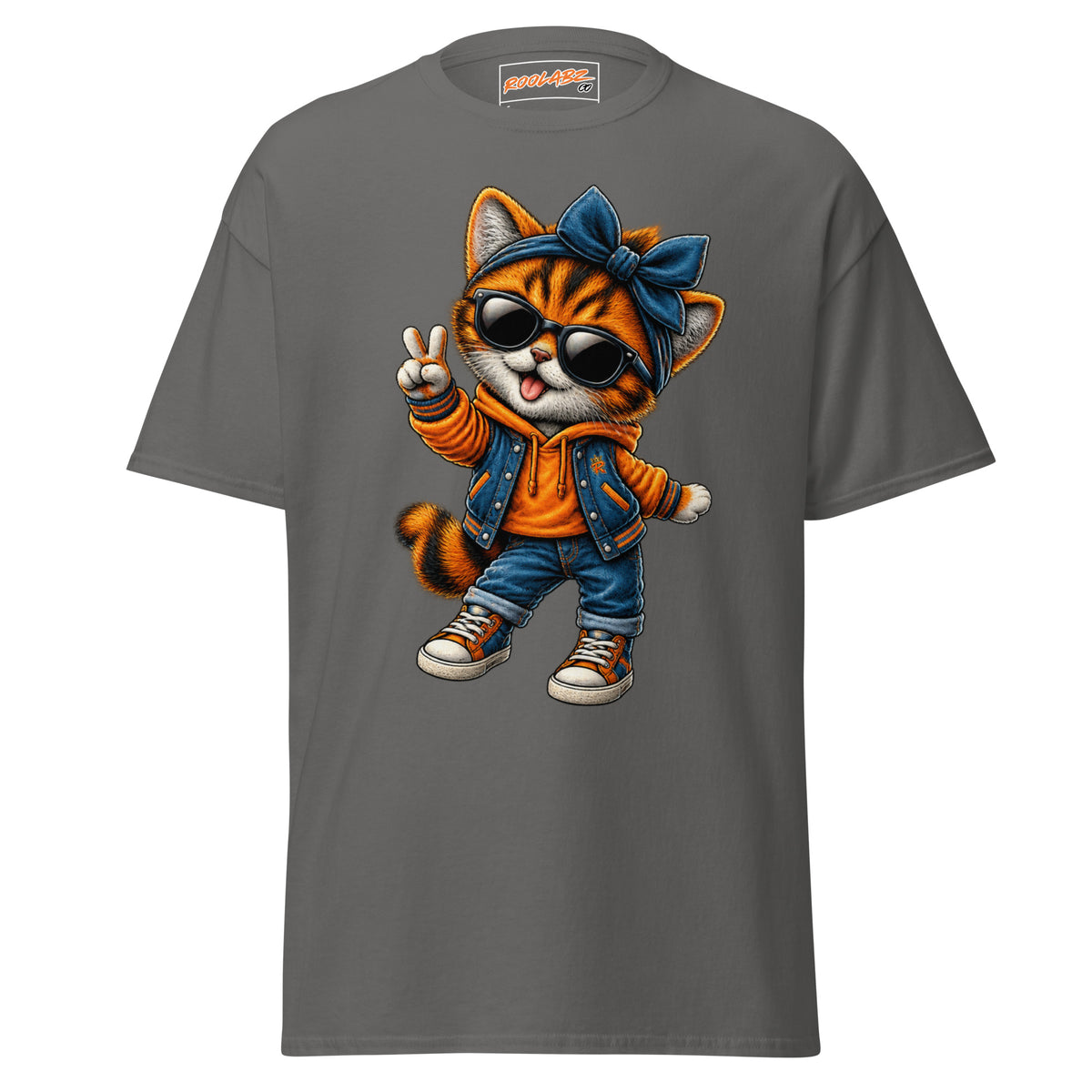 Front mockup of a charcoal tee with Girl Cat wearing a blue bow and sunglasses and holding up a peace sign