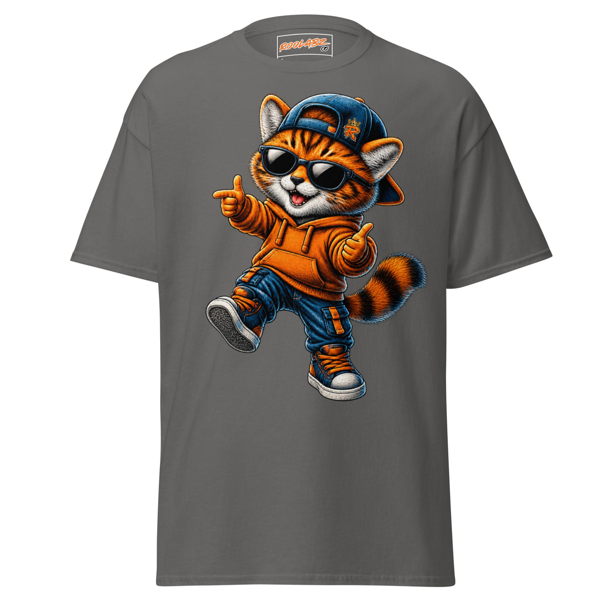 Front mockup of a charcoal tee with Boy Cat stepping forward in a backward cap, sunglasses and an orange hoodie
