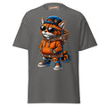 Front mockup of a charcoal tee with Dad Cat in a blue cap, sunglasses and an orange hoodie with patterned trim