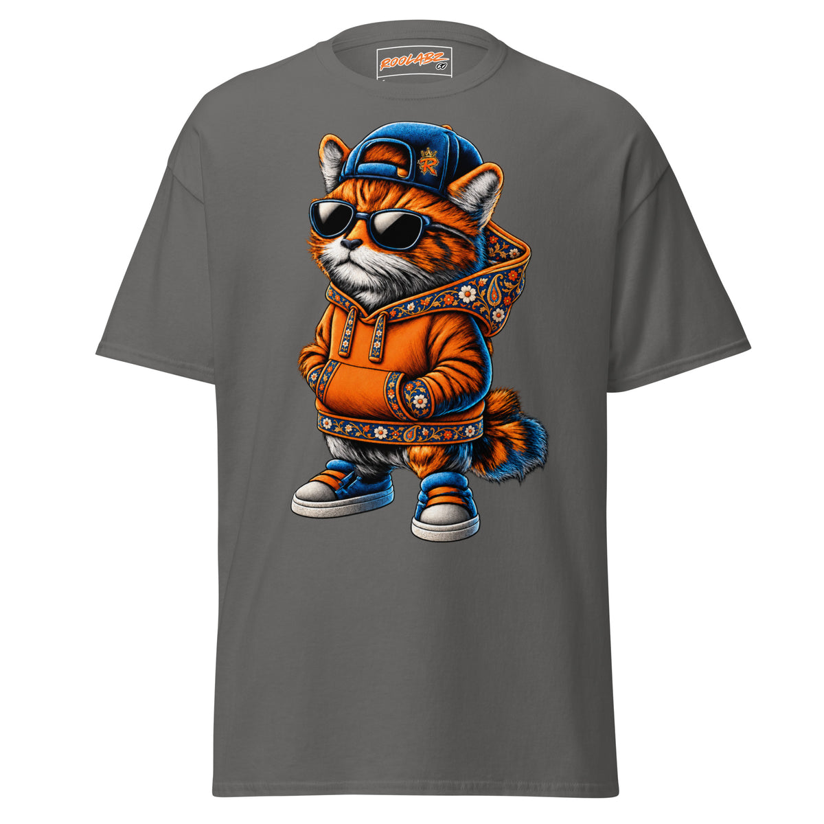 Front mockup of a charcoal tee with Dad Cat in a blue cap, sunglasses and an orange hoodie with patterned trim