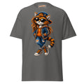 Front mockup of a charcoal tee with Lady Cat wearing a cap, sunglasses, a blue jacket and lace-up footwear