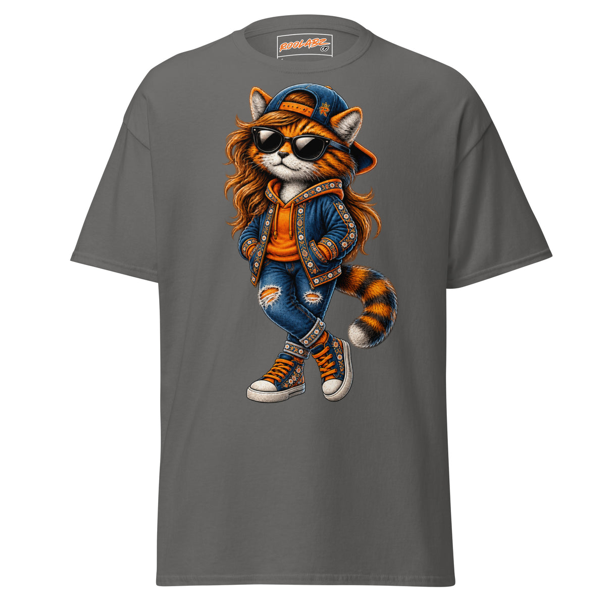 Front mockup of a charcoal tee with Lady Cat wearing a cap, sunglasses, a blue jacket and lace-up footwear