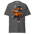 Front mockup of a dark heather tee with Boy Cat stepping forward in a backward cap, sunglasses and an orange hoodie