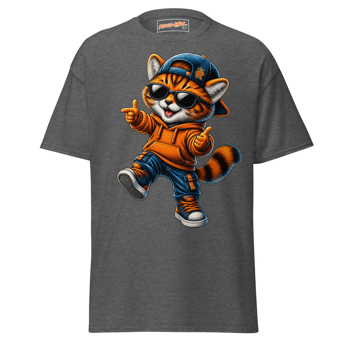 Front mockup of a dark heather tee with Boy Cat stepping forward in a backward cap, sunglasses and an orange hoodie
