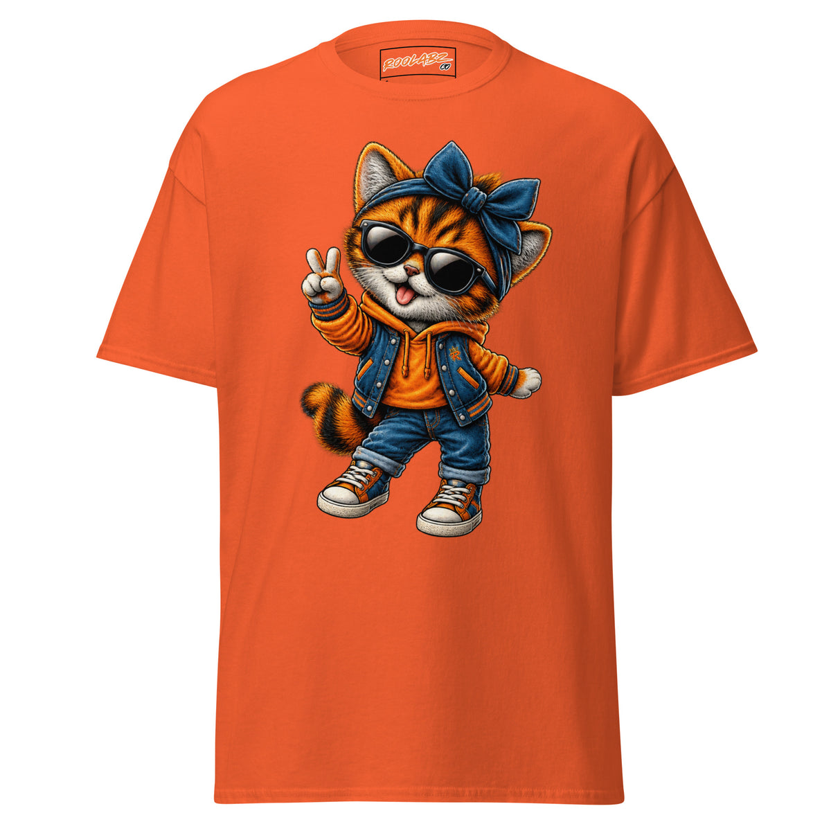 Front mockup of a orange tee with Girl Cat wearing a blue bow and sunglasses and holding up a peace sign