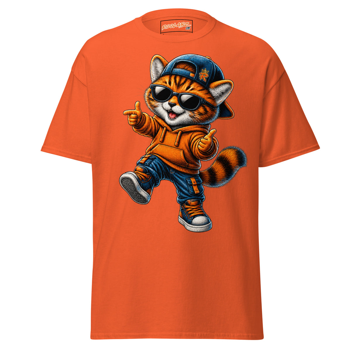 Front mockup of a orange tee with Boy Cat stepping forward in a backward cap, sunglasses and an orange hoodie