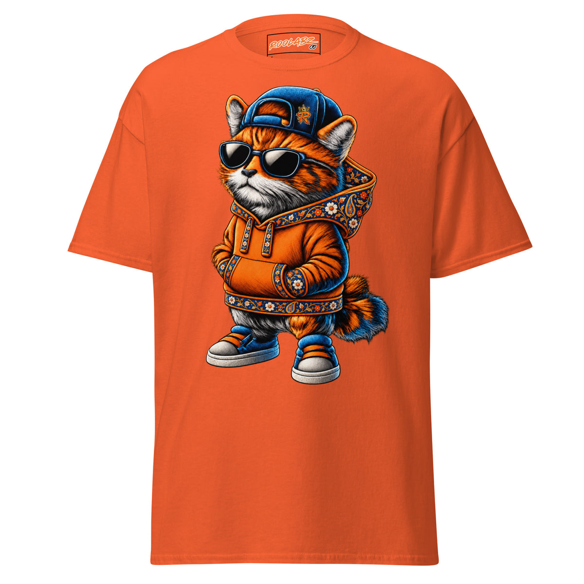 Front mockup of a orange tee with Dad Cat in a blue cap, sunglasses and an orange hoodie with patterned trim