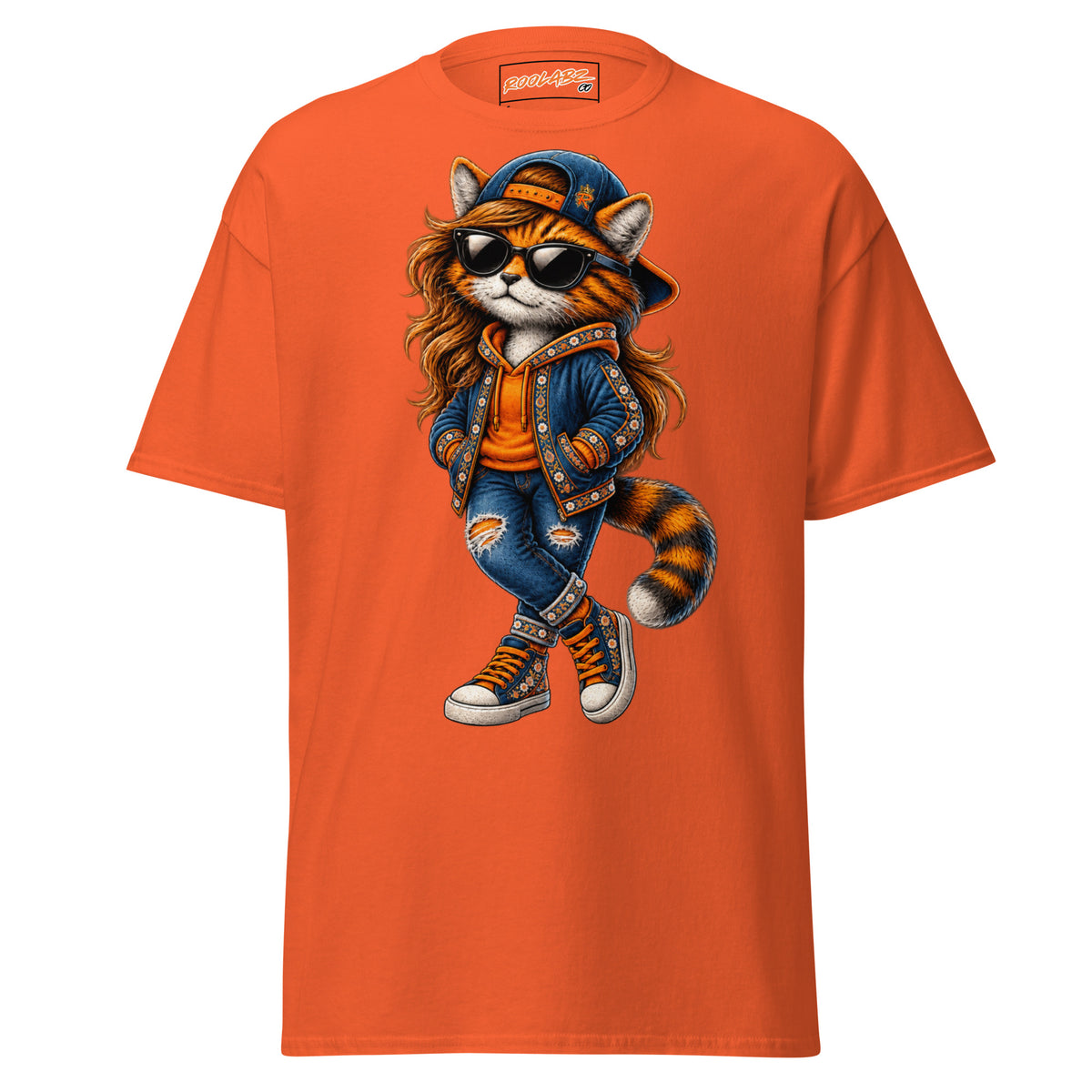Front mockup of a orange tee with Lady Cat wearing a cap, sunglasses, a blue jacket and lace-up footwear