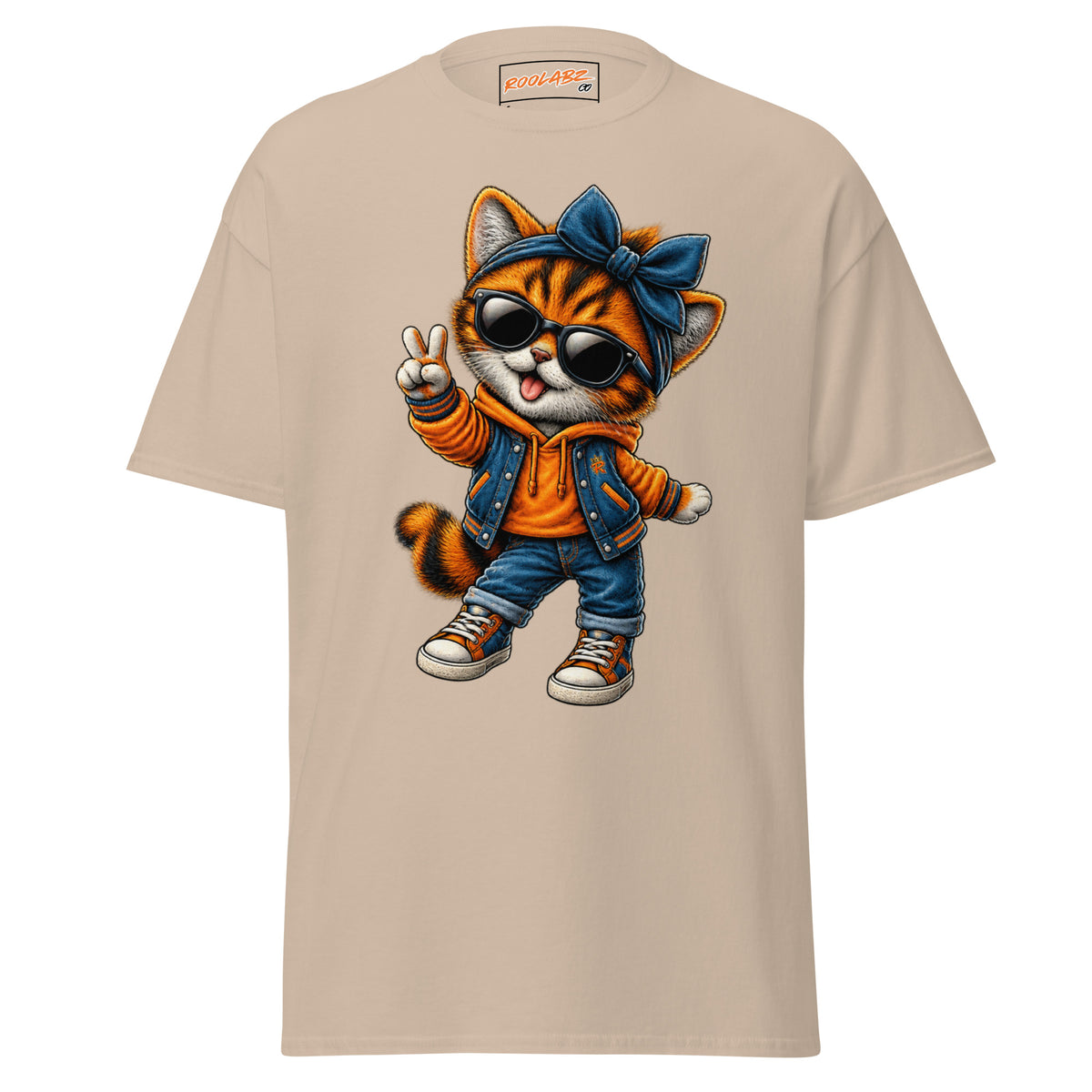 Front mockup of a sand tee with Girl Cat wearing a blue bow and sunglasses and holding up a peace sign