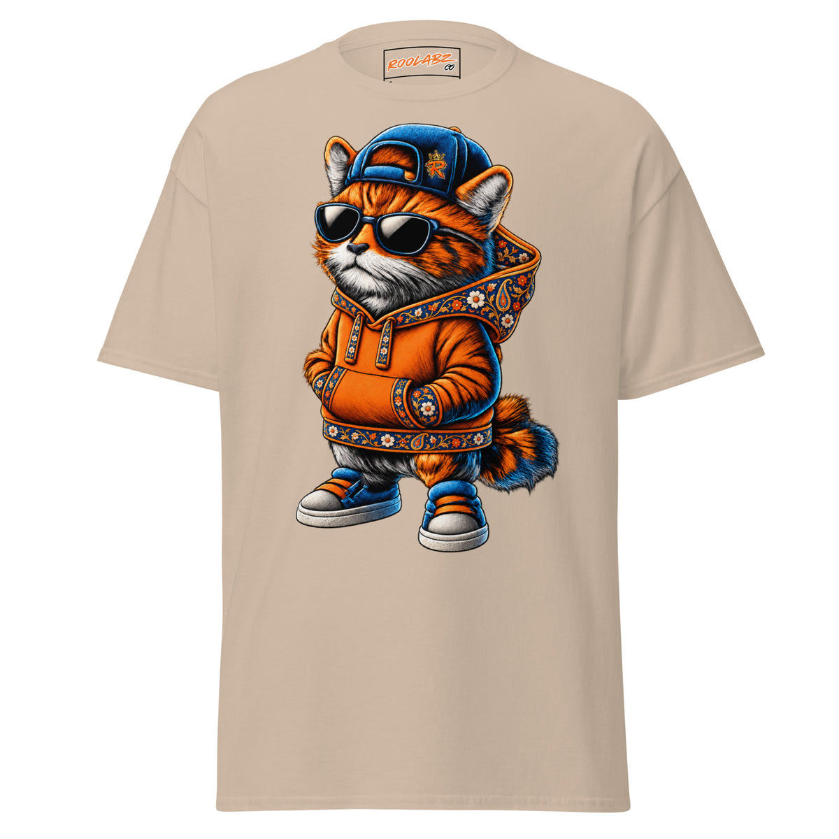 Front mockup of a sand tee with Dad Cat in a blue cap, sunglasses and an orange hoodie with patterned trim