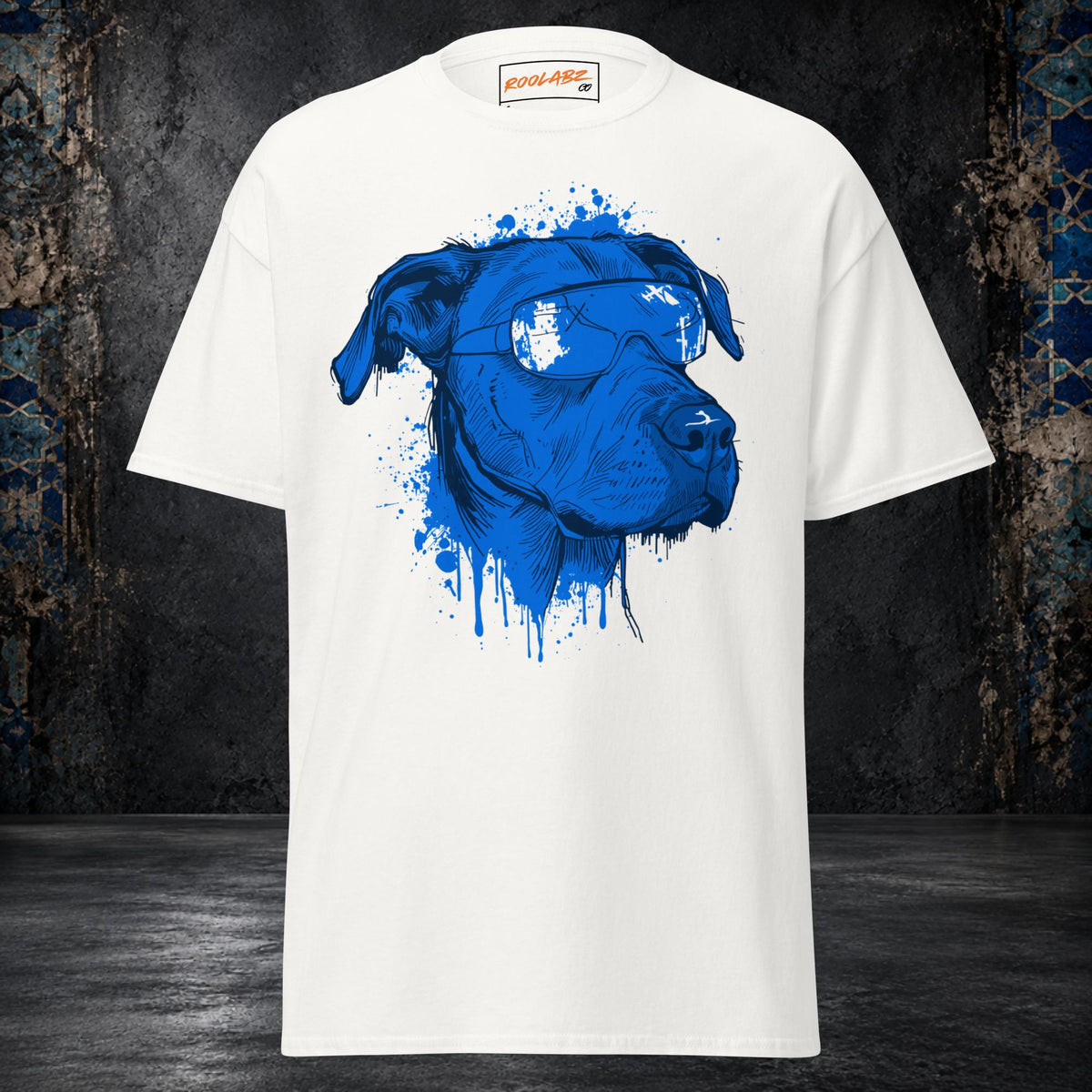 Front mockup of a white tee with an electric-blue dog portrait, white-patterned bandana and dripping ink details