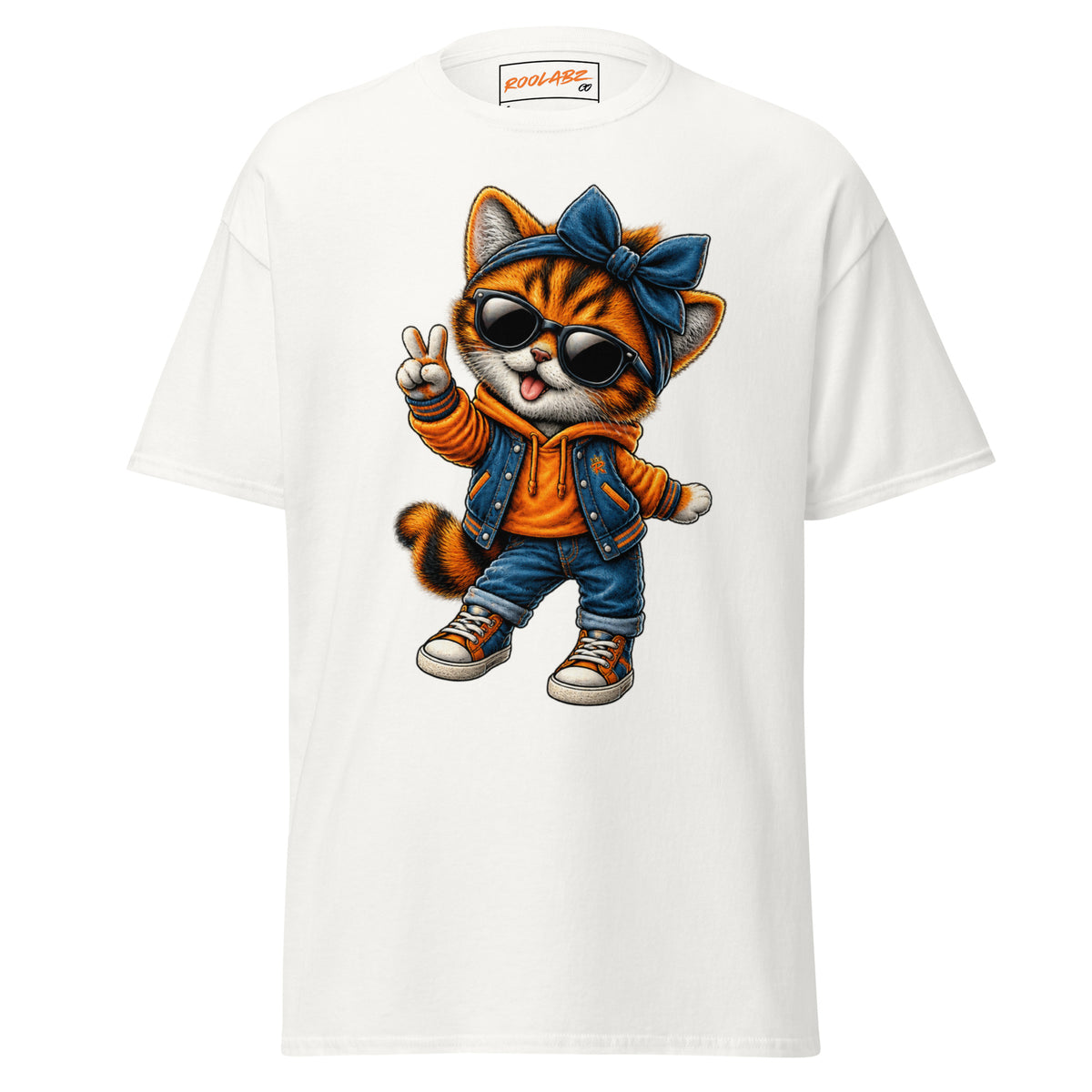 Front mockup of a white tee with Girl Cat wearing a blue bow and sunglasses and holding up a peace sign