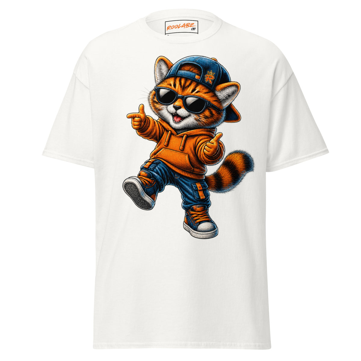 Front mockup of a white tee with Boy Cat stepping forward in a backward cap, sunglasses and an orange hoodie