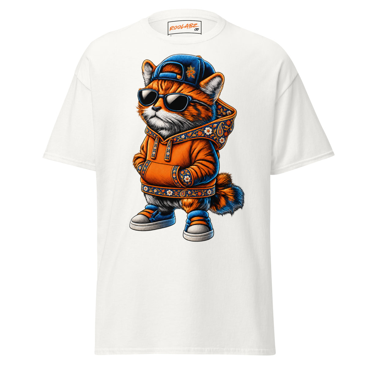 Front mockup of a white tee with Dad Cat in a blue cap, sunglasses and an orange hoodie with patterned trim