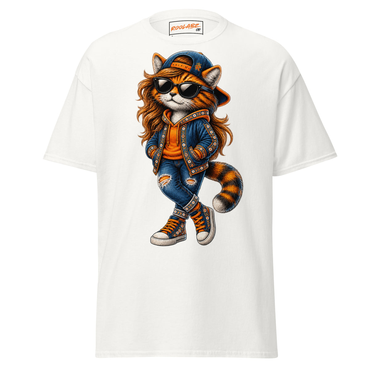 Front mockup of a white tee with Lady Cat wearing a cap, sunglasses, a blue jacket and lace-up footwear