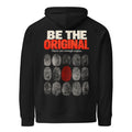 Back mockup of a black Off Repeat hoodie with a fingerprint grid, one red print and the words "BE THE ORIGINAL."