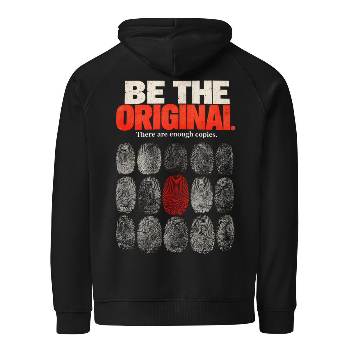 Back mockup of a black Off Repeat hoodie with a fingerprint grid, one red print and the words "BE THE ORIGINAL."