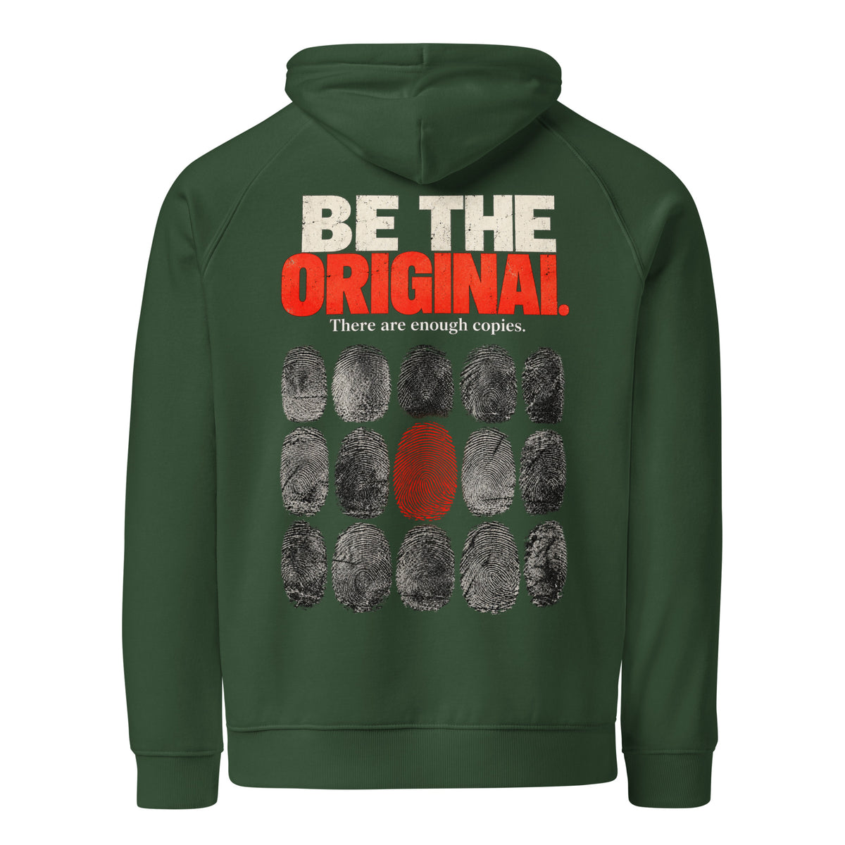 Back mockup of a bottle green Off Repeat hoodie with a fingerprint grid, one red print and the words "BE THE ORIGINAL."