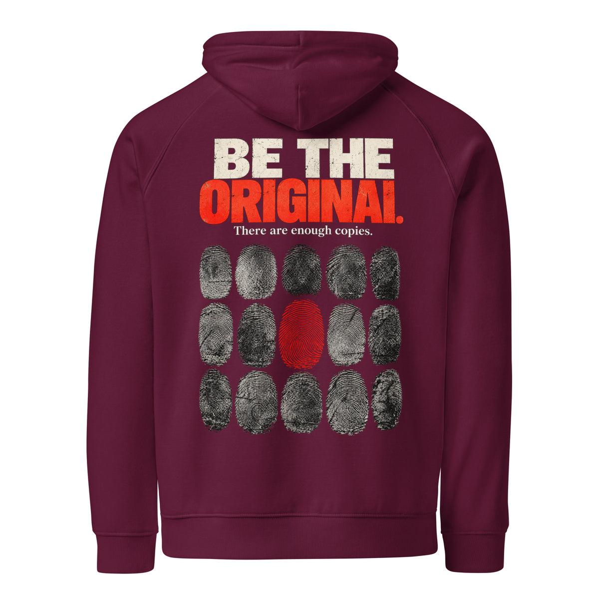 Back mockup of a burgundy Off Repeat hoodie with a fingerprint grid, one red print and the words "BE THE ORIGINAL."
