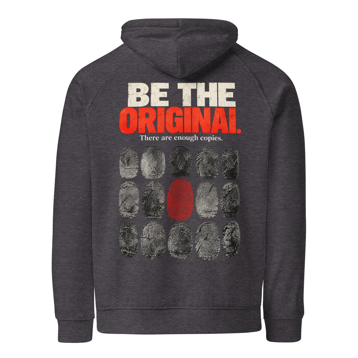 Back mockup of a charcoal melange Off Repeat hoodie with a fingerprint grid, one red print and the words "BE THE ORIGINAL."