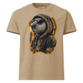 Front mockup of a khaki tee with a capybara in sunglasses and a black hoodie with gold-toned patterned trim