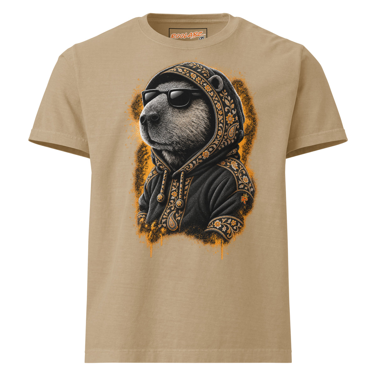 Front mockup of a khaki tee with a capybara in sunglasses and a black hoodie with gold-toned patterned trim