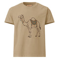 Front view of a khaki heavyweight tee with a brown line drawn camel wearing a turquoise, rust and gold saddle blanket