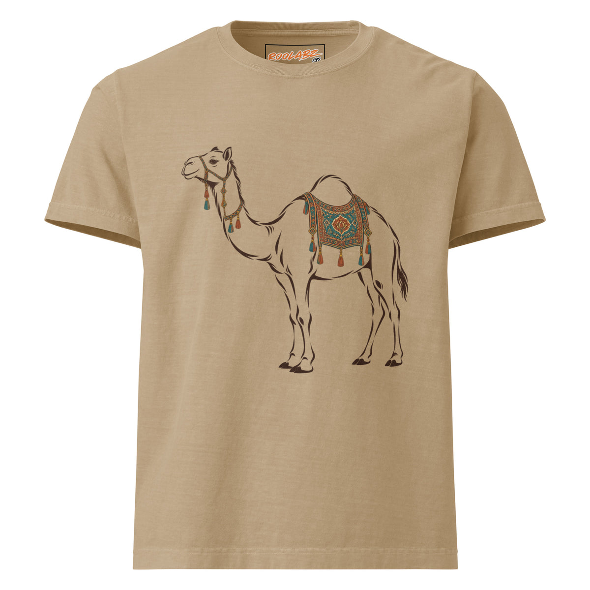 Front view of a khaki heavyweight tee with a brown line drawn camel wearing a turquoise, rust and gold saddle blanket