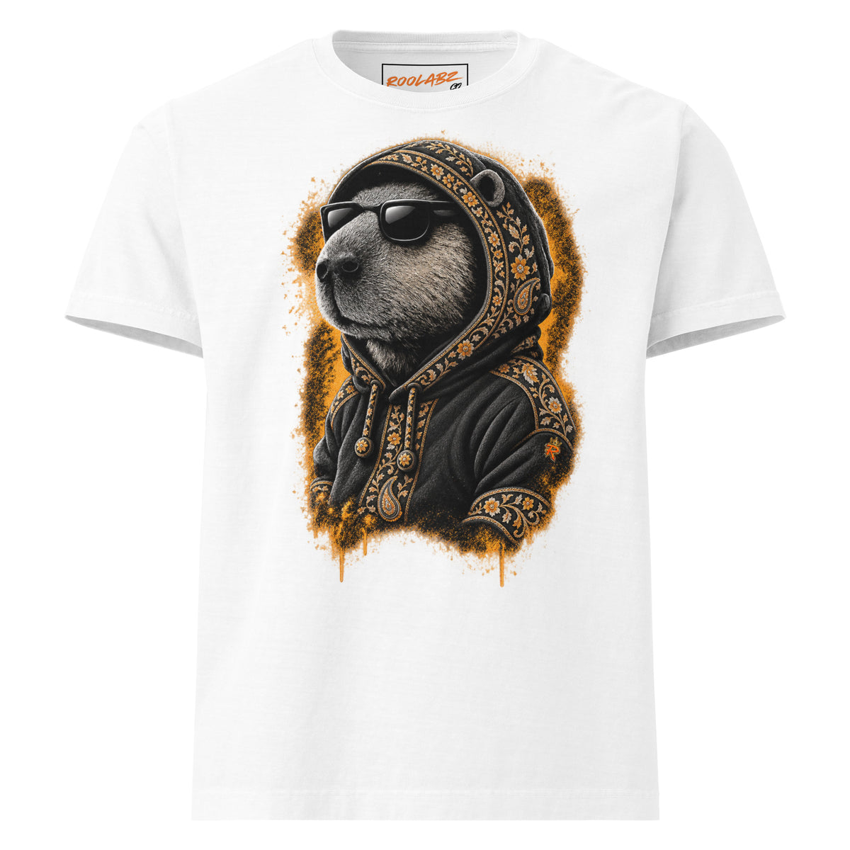 Front mockup of a white tee with a capybara in sunglasses and a black hoodie with gold-toned patterned trim