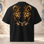 Back mockup of a black oversized tee with a tiger face formed from gold-toned paisley curls