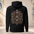 Back mockup of a black Verdigris Garden hoodie with an ornate teal and brown floral medallion
