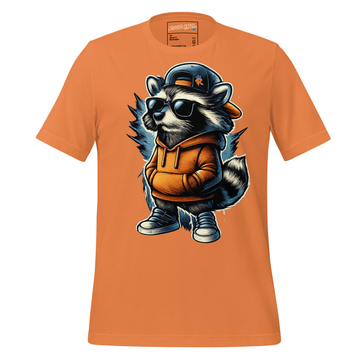 Front mockup of a burnt orange tee with a raccoon in sunglasses, a backward cap, orange hoodie and sneakers