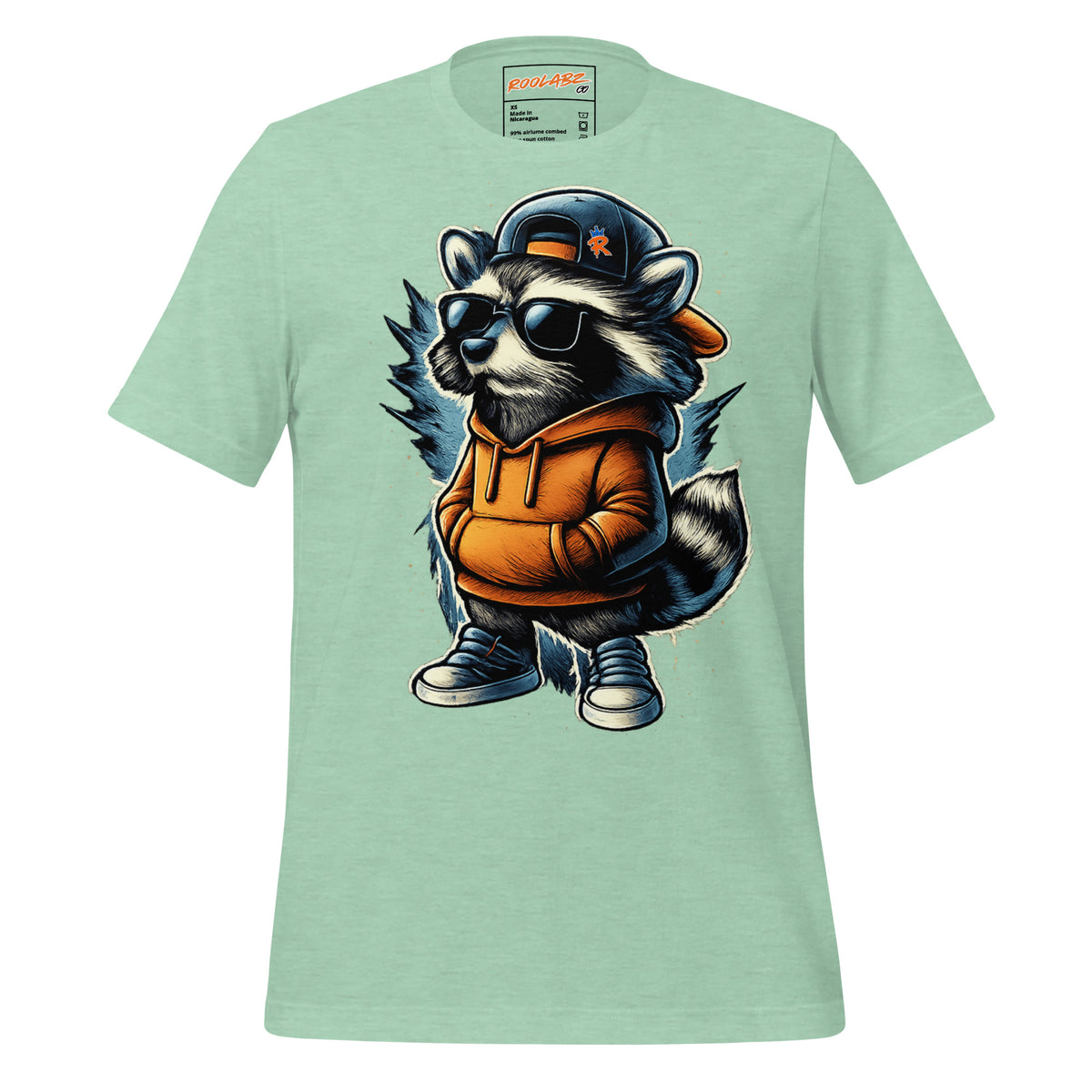 Front mockup of a heather prism mint tee with a raccoon in sunglasses, a backward cap, orange hoodie and sneakers