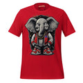 Front mockup of a red tee with a grey elephant character wearing red and black streetwear