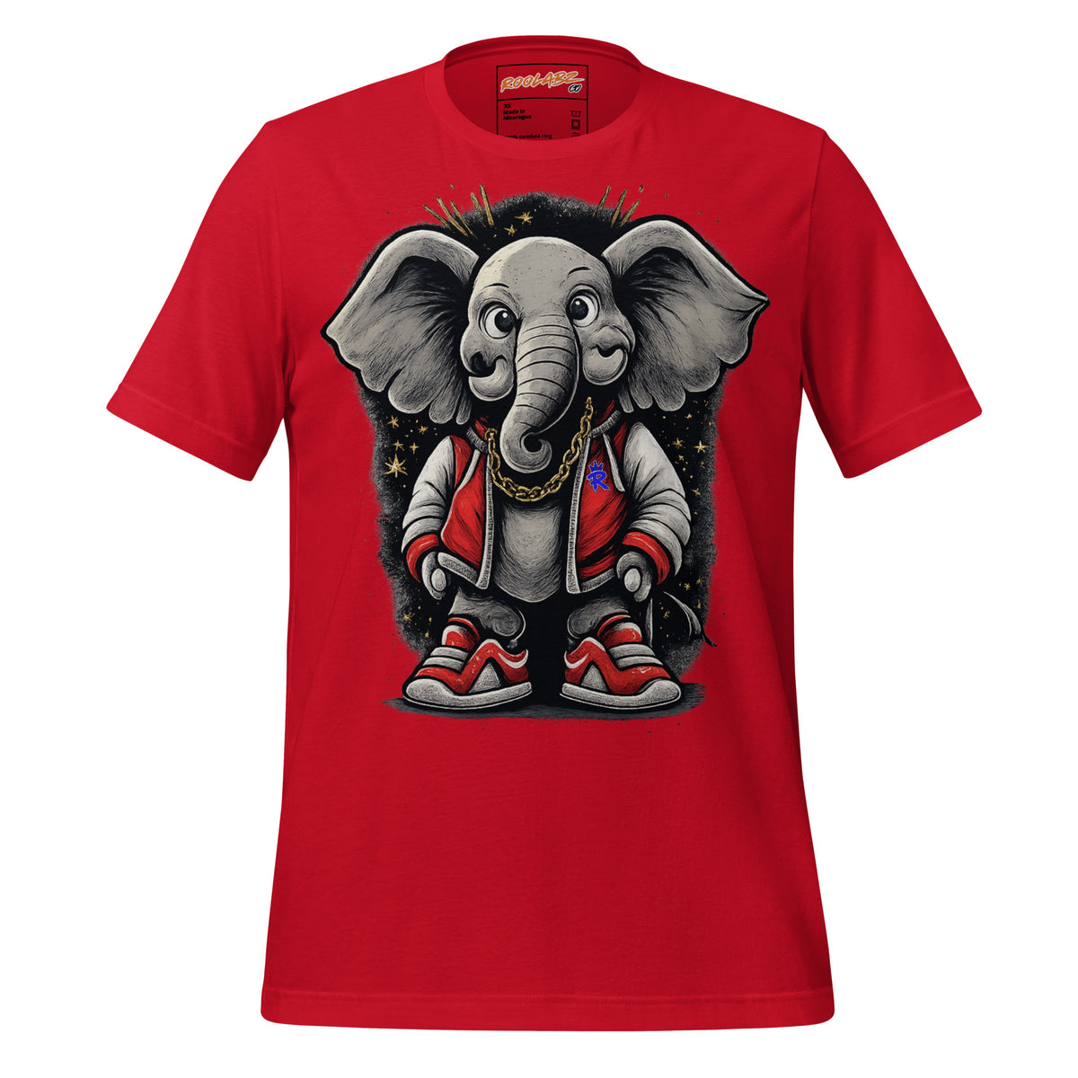 Front mockup of a red tee with a grey elephant character wearing red and black streetwear