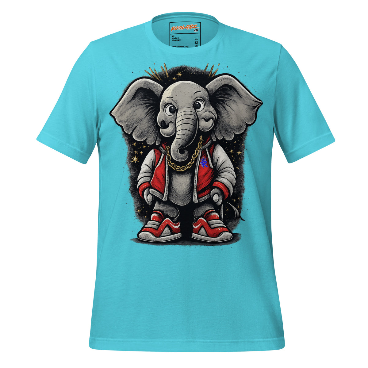 Front mockup of a turquoise tee with a grey elephant character wearing red and black streetwear