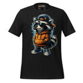 Front mockup of a vintage black tee with a raccoon in sunglasses, a backward cap, orange hoodie and sneakers
