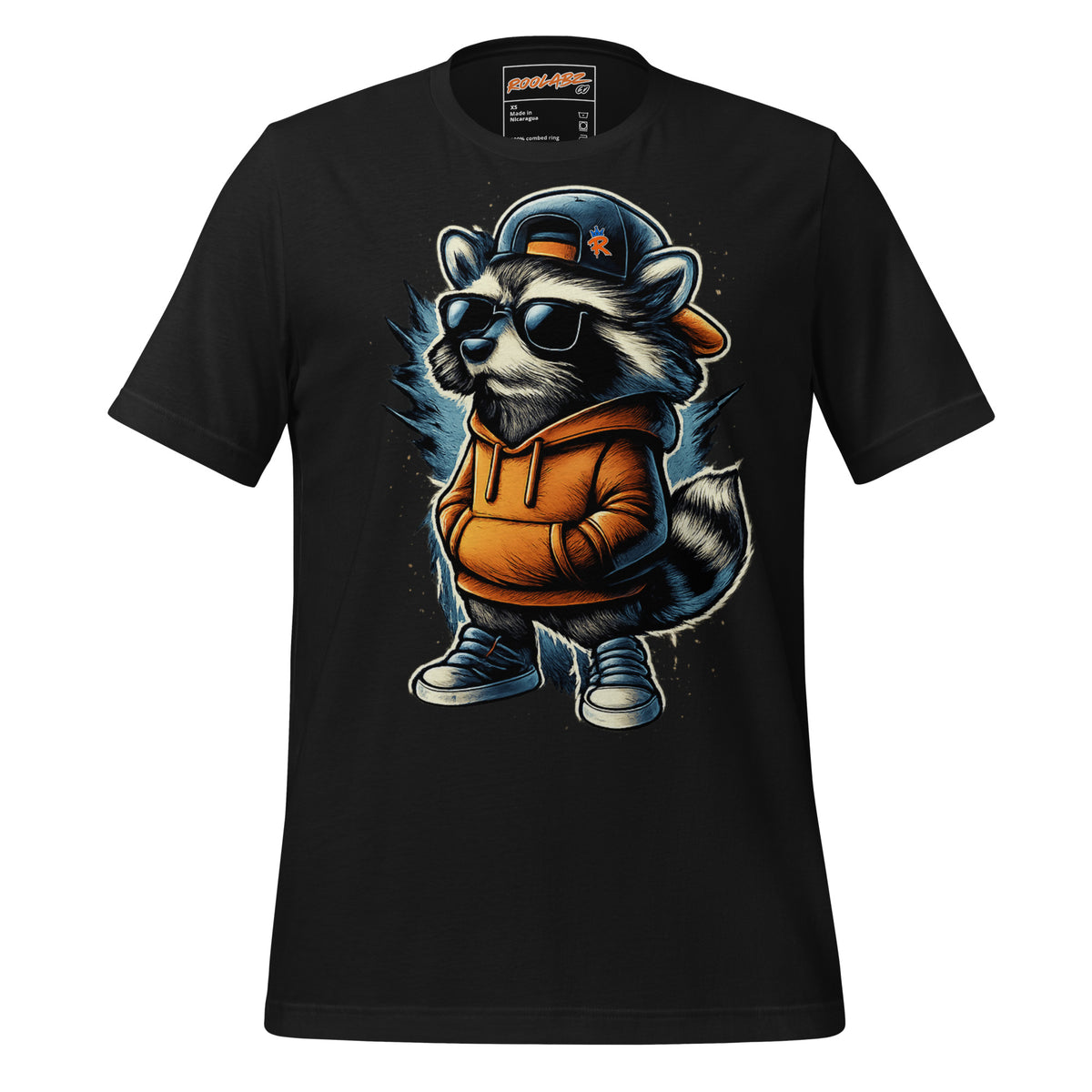 Front mockup of a vintage black tee with a raccoon in sunglasses, a backward cap, orange hoodie and sneakers
