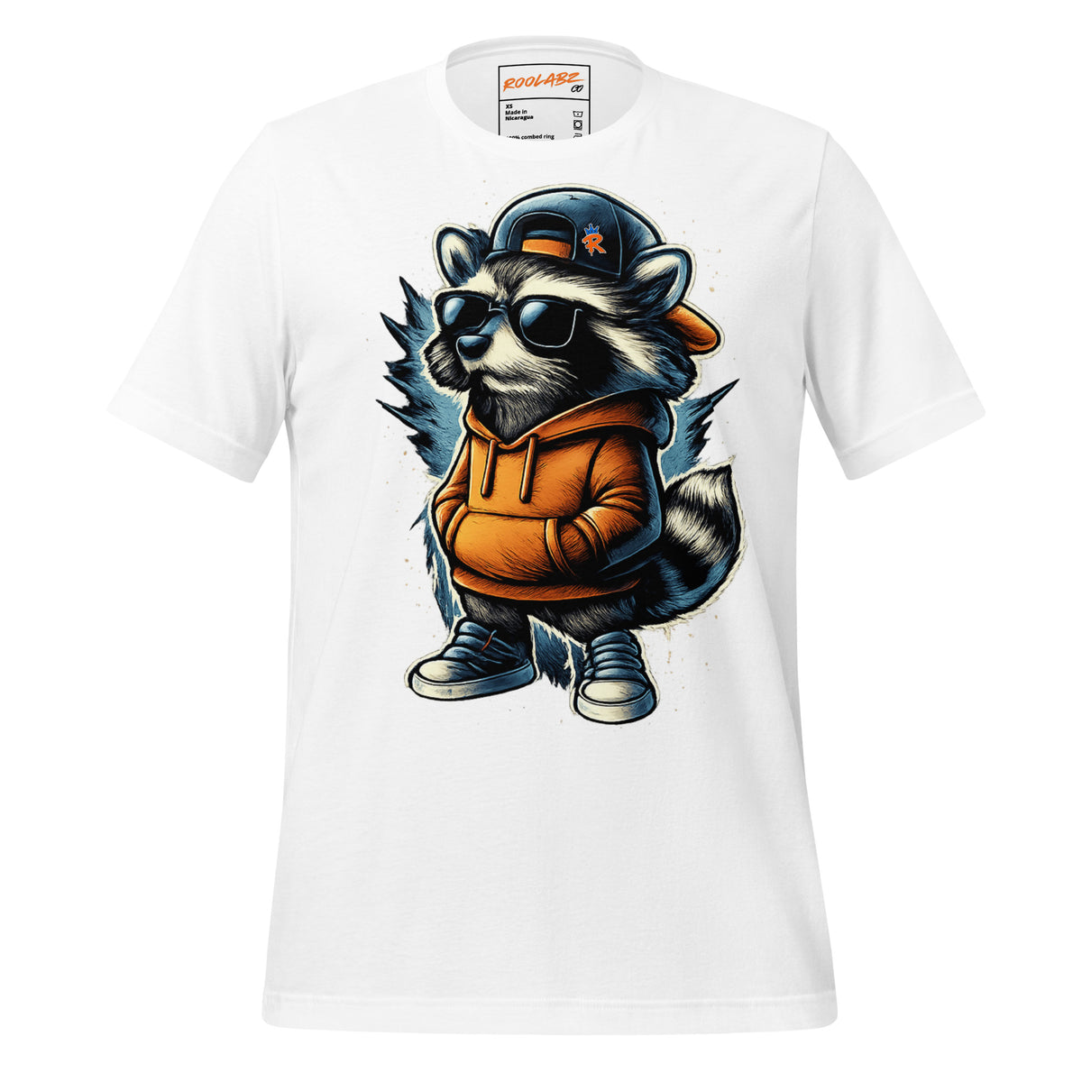 Front mockup of a white tee with a raccoon in sunglasses, a backward cap, orange hoodie and sneakers