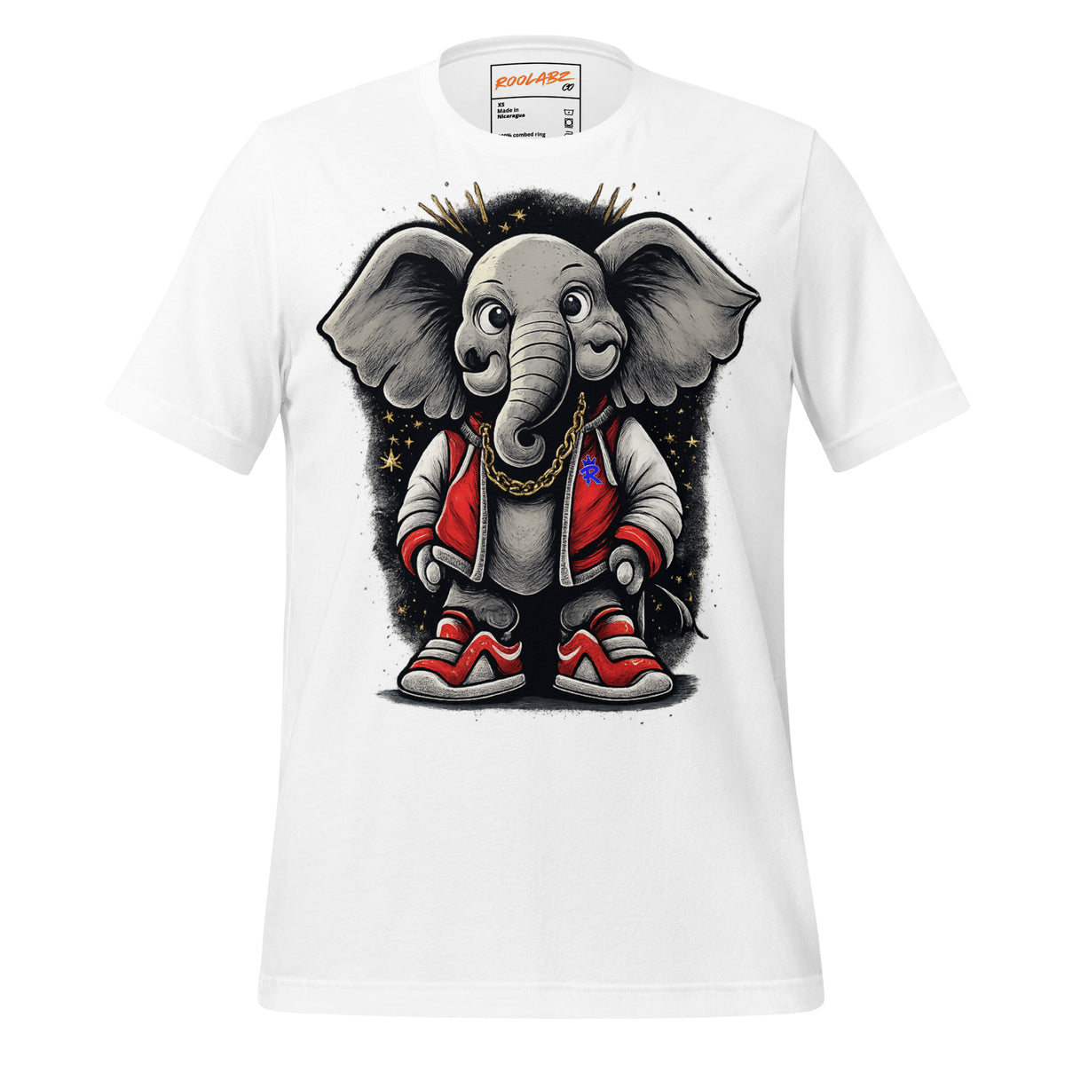 Front mockup of a white tee with a grey elephant character wearing red and black streetwear
