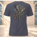 Back mockup of a heather navy women's tee with an ornate Persian phoenix, raised wings and a sweeping teal and gold tail