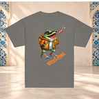 Charcoal youth tee mockup with a frog in sunglasses chasing a fly, displayed against a tiled archway